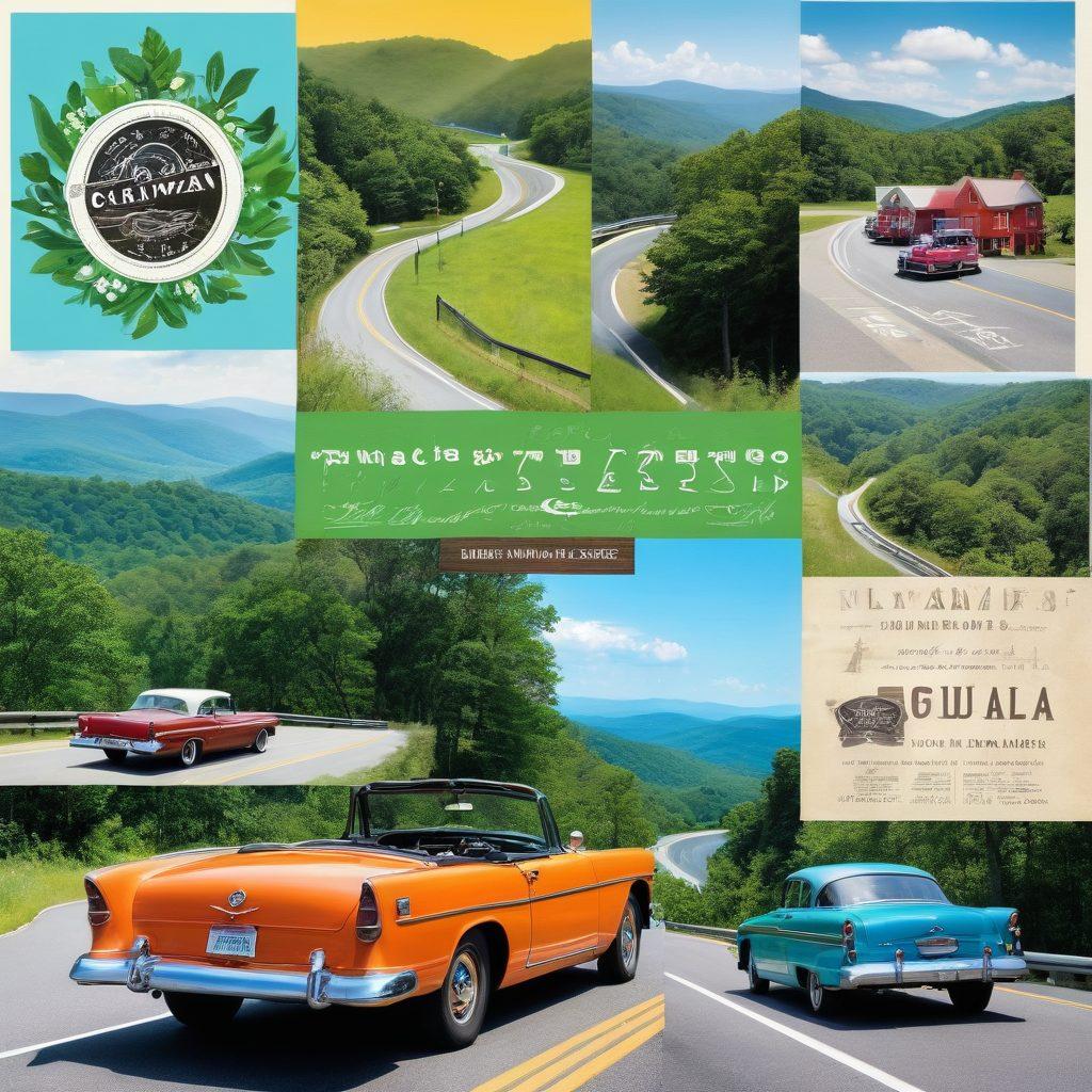A collage depicting a scenic Virginia highway with rolling hills and lush greenery, featuring a vintage car on a road trip. Include a DMV office with friendly staff interacting with families, and road sign graphics highlighting tips and resources for travelers. Add images of landmarks like the Blue Ridge Mountains and state parks, along with travel essentials like maps and coffee cups. bright colors. vibrant and inviting. dynamic layout.